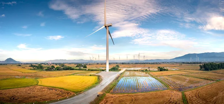 風力発電機が並ぶ田園風景